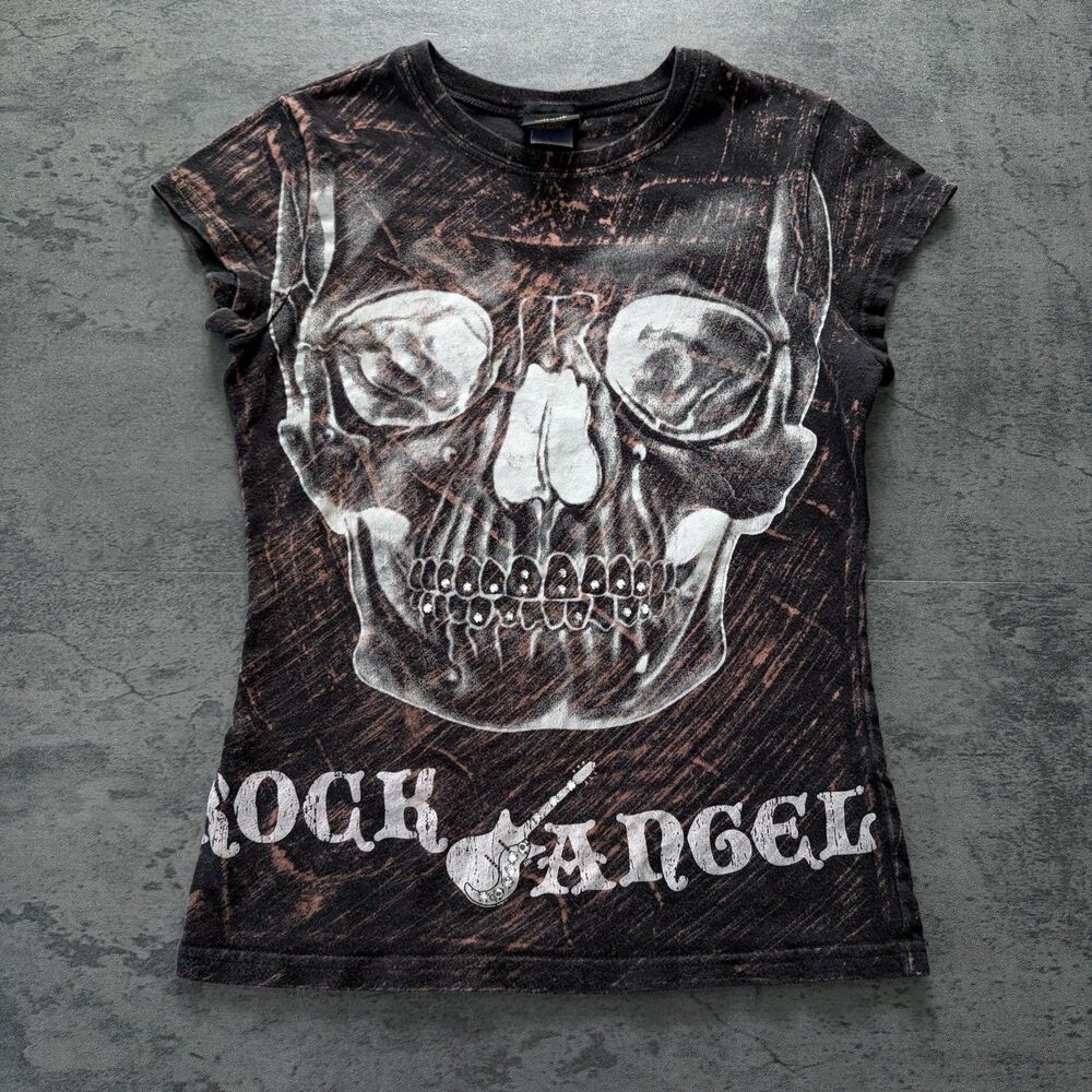 Y2K King Rock Angel Baby Tee Top Womens S Big Skull Graphic Indie Grunge